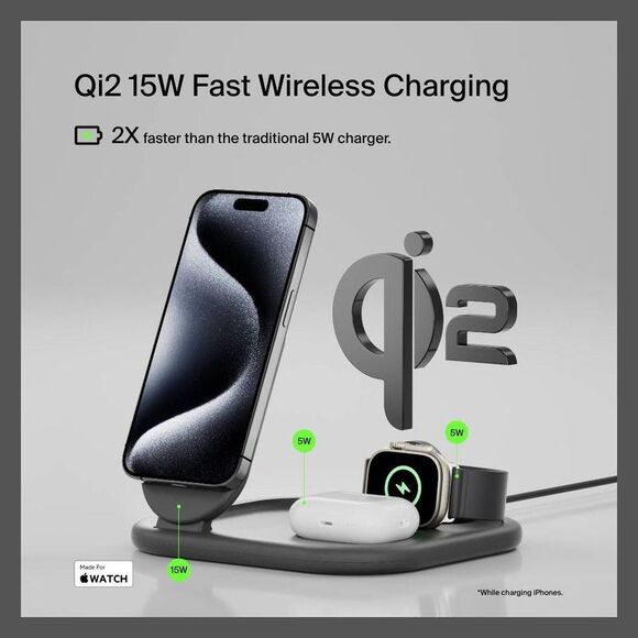 Open Box - Belkin - Qi2 15W 3-in-1 Mid Tier Wireless Stand - Bl Black - Picture 2 of 9